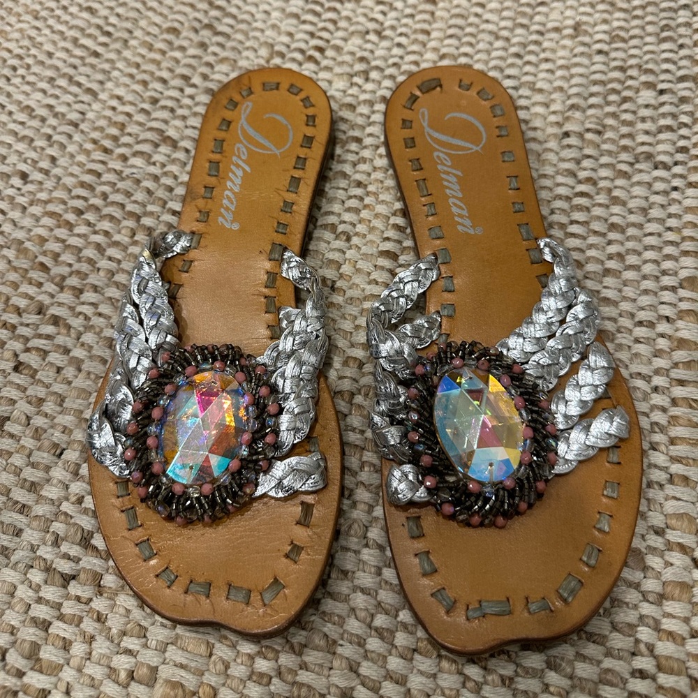Delman Silver Braided Sandals with Iridescent Jewel